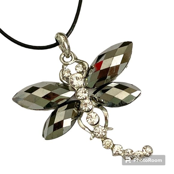 Vtg Dragonfly Necklace Pendant Insect Gray Crystal Silver Plated Black Cord 18" - Picture 2 of 10